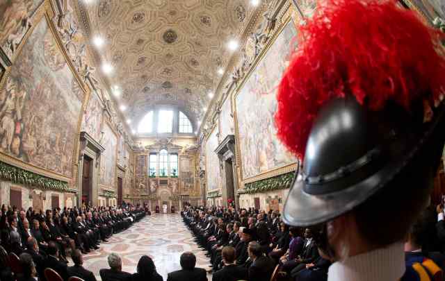 Pope Francis speaks during an audience with the diplomatic corps at the Vatican