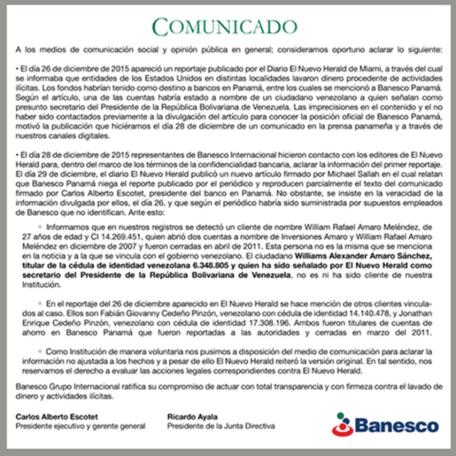 Nuevo comunicado de Banesco Panamá
