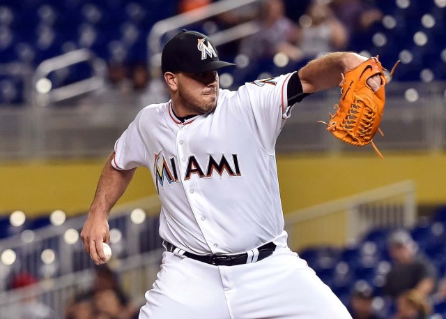 Sep 20, 2016; Miami, FL, USA; Miami Marlins starting pitcher Jose Fernandez (16) delivers a pitch during the first inning against the Washington Nationals at Marlins Park. Mandatory Credit: Steve Mitchell-USA TODAY Sports