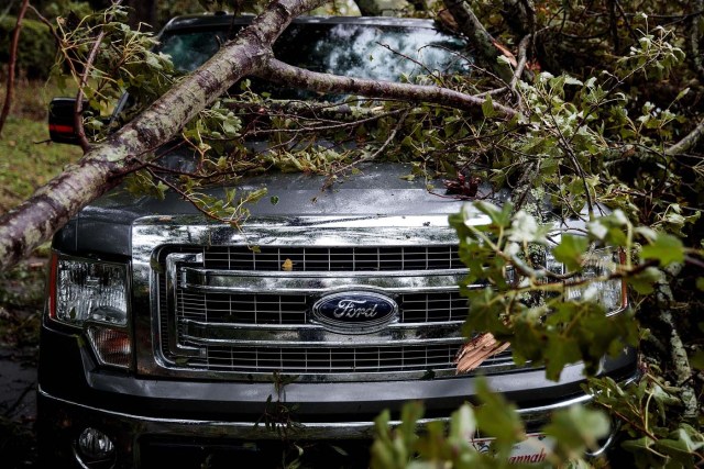 SAVANNAH, GA - OCTOBER 8: Downed tree branches rest on a truck in a residential neighborhood, October 8, 2016 in Savannah, Georgia. Across the Southeast, Over 1.4 million people have lost power due to Hurricane Matthew which has been downgraded to a category 1 hurricane on Saturday morning. Drew Angerer/Getty Images/AFP