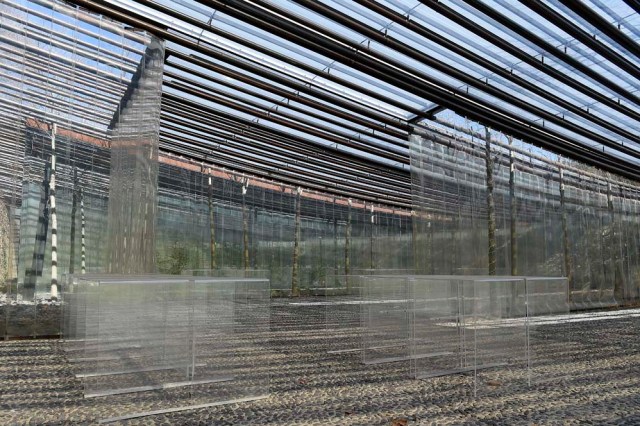 A picture taken in Olot on March 2, 2017 shows a room of the restaurant "les Cols" designed by RCR architects, formed by Spanish architects, Rafael Aranda, Carme Pigem and Ramon Vialta who won yesterday the prestigious Pritzker Prize for modern works. The choice was seen as a move away from the celebrity architects that have dominated the field in favour of the homegrown vision of a trio of professionals who have worked together for 30 years in their hometown of Olot in Catalonia. / AFP PHOTO / LLUIS GENE