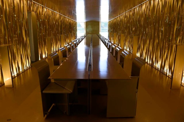 A picture taken in Olot on March 2, 2017 shows a dinning room of the restaurant "les Cols" designed by RCR architects, formed by Spanish architects, Rafael Aranda, Carme Pigem and Ramon Vialta who won yesterday the prestigious Pritzker Prize for modern works. The choice was seen as a move away from the celebrity architects that have dominated the field in favour of the homegrown vision of a trio of professionals who have worked together for 30 years in their hometown of Olot in Catalonia. / AFP PHOTO / LLUIS GENE