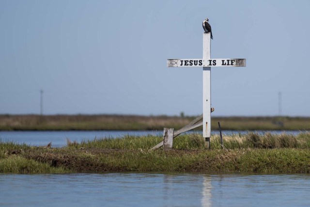 A cross stands at the mouth of the harbor reading "Jesus is Life" in Tangier, Virginia, May 16, 2017, where climate change and rising sea levels threaten the inhabitants of the slowly sinking island. Now measuring 1.2 square miles, Tangier Island has lost two-thirds of its landmass since 1850. If nothing is done to stop the erosion, it may disappear completely in the next 40 years. / AFP PHOTO / JIM WATSON