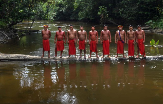 Waiapi men stand at the Tucunapi river in the Waiapi indigenous reserve in Amapa state in Brazil on October 14, 2017.  Tribal chieftain Tzako Waiapi perfectly remembers the day almost half a century ago when his hunting party stumbled across a group of white adventurers in the Amazon rainforest. Within months, nearly everyone in his entire tribe had died from disease.  / AFP PHOTO / Apu Gomes / TO GO WITH AFP STORY "When the Waipai tribe almost died out" by Sebastian Smith