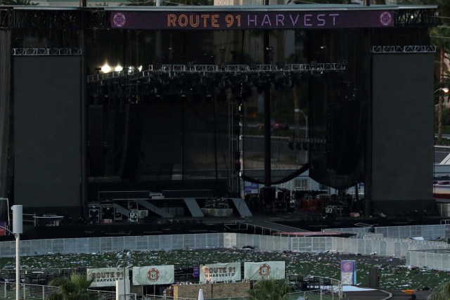 The stage and crime scene at the Route 91 Harvest Country Music Festival on the Las Vegas Strip in Las Vegas, Nevada, U.S., is shown October 3, 2017. REUTERS/Mike Blake
