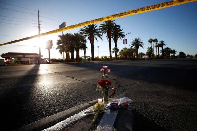 Flowers are pictured near the site of the mass shooing at the Route 91 Harvest Country Music Festival on the Las Vegas Strip in Las Vegas, Nevada, U.S., October 3, 2017. REUTERS/Chris Wattie