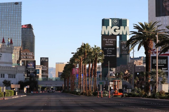 An empty Las Vegas Strip is seen next to the site of the Route 91 music festival mass shooting outside the Mandalay Bay Resort and Casino in Las Vegas, Nevada, U.S. October 3, 2017. REUTERS/Lucy Nicholson
