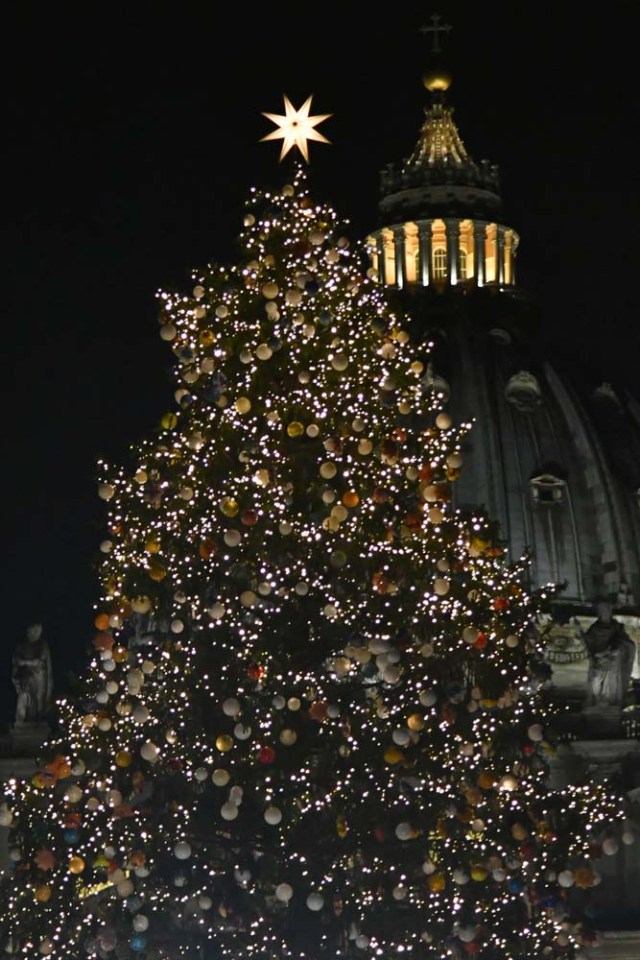 The christmas tree of St Peter's square is illuminated with the dome of St Peter's basilica in the background during the inauguration of the christmas crib on December 7, 2017 in Vatican. / AFP PHOTO / Alberto PIZZOLI