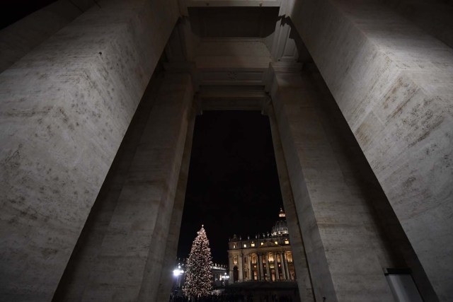 A picture taken from the colonnade of the Vatican shows the christmas tree of St Peter's square illuminated with St Peter's basilica in the background during the inauguration of the christmas crib on December 7, 2017 in Vatican. / AFP PHOTO / Alberto PIZZOLI