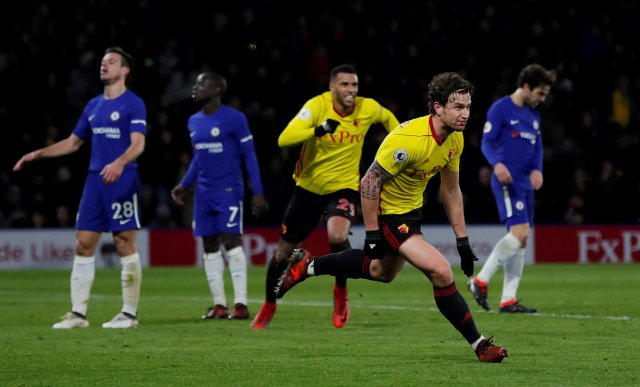 Soccer Football - Premier League - Watford vs Chelsea - Vicarage Road, Watford, Britain - February 5, 2018   Watford's Daryl Janmaat celebrates scoring their second goal                      Action Images via Reuters/Andrew Couldridge    EDITORIAL USE ONLY. No use with unauthorized audio, video, data, fixture lists, club/league logos or "live" services. Online in-match use limited to 75 images, no video emulation. No use in betting, games or single club/league/player publications.  Please contact your account representative for further details.     TPX IMAGES OF THE DAY