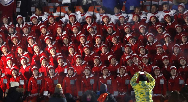Pyeongchang 2018 Winter Olympics – Opening ceremony – Pyeongchang Olympic Stadium - Pyeongchang, South Korea – February 9, 2018 - Cheerleaders of North Korea await the start of the opening ceremony. REUTERS/Kim Kyung-Hoon