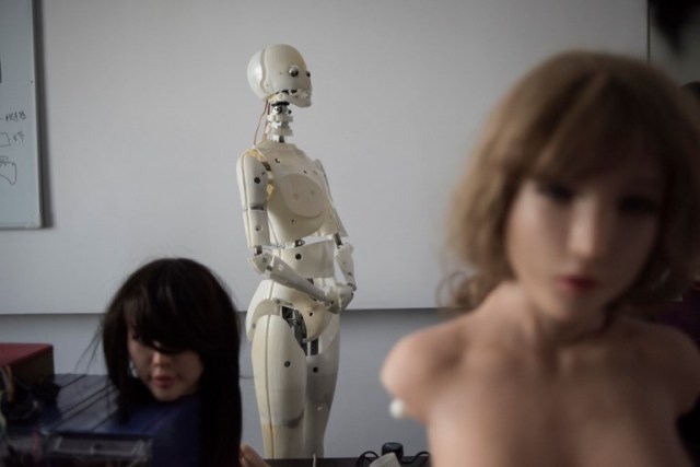 This photo taken on February 1, 2018 shows robots in a lab of a doll factory of EXDOLL, a firm based in the northeastern Chinese port city of Dalian. With China facing a massive gender gap and a greying population, a company wants to hook up lonely men and retirees with a new kind of companion: "Smart" sex dolls that can talk, play music and turn on dishwashers. / AFP PHOTO / FRED DUFOUR / TO GO WITH China-sex-lifestyle, FOCUS by Joanna CHIU