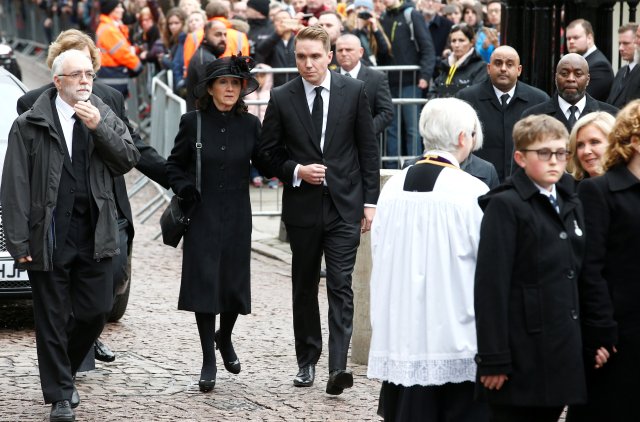 Jane Hawking and her son Timothy arrive at Great St Marys Church, where the funeral of theoretical physicist Prof Stephen Hawking is being held, in Cambridge, Britain, March 31, 2018. REUTERS/Henry Nicholls