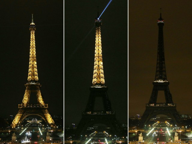 (COMBO) This combination of pictures created on March 23, 2018 shows the lights of the Eiffel Tower as they are dimmed at midnight,in Paris to honor victims killed at a supermarket in southwest France by a man claiming allegiance to the Islamic State. Paris Mayor Anne Hidalgo announced that the Eiffel Tower would switch off its light at midnight to honour the victims. / AFP PHOTO / Zakaria ABDELKAFI