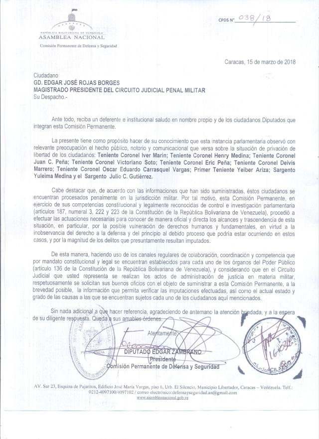 El diputado Edgar Zambrano, presidente de la Comisión Permanente de Defensa, dijo que les preocupa, de manera particular, la posible vulneración de los derechos humanos de los 6 Tenientes Coroneles,  un Primer Teniente y 2 Sargentos  que han sido imputados recientemente por Traición a la Patria 