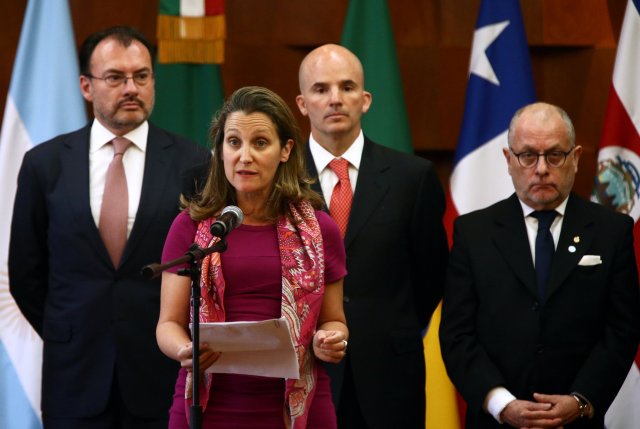 Canadian Foreign Minister Chrystia Freeland addresses the media during a meeting of the Lima Group, formed last year to put pressure on Venezuela and whose member countries are monitoring the upcoming Venezuelan presidential elections, in Mexico City, Mexico May 14, 2018. REUTERS/Edgard Garrido