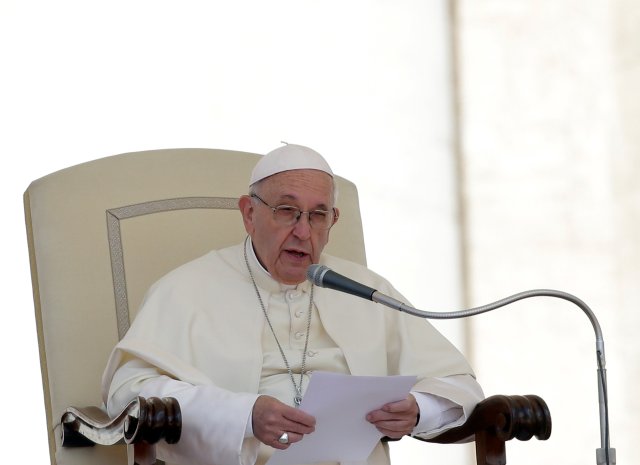 Pope Francis speaks during the Wednesday general audience in Saint Peter's square at the Vatican, May 16, 2018. REUTERS/Max Rossi