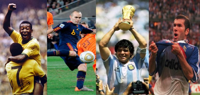 Grandes protagonistas en la historia de los Mundiales (Pelé, Andrés Iniesta, Diego Maradona y Zinedine Zidane) | Foto: Cortesía