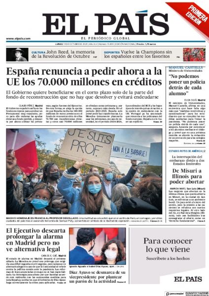 Portadas de la prensa internacional de este lunes 19 de octubre de 2020