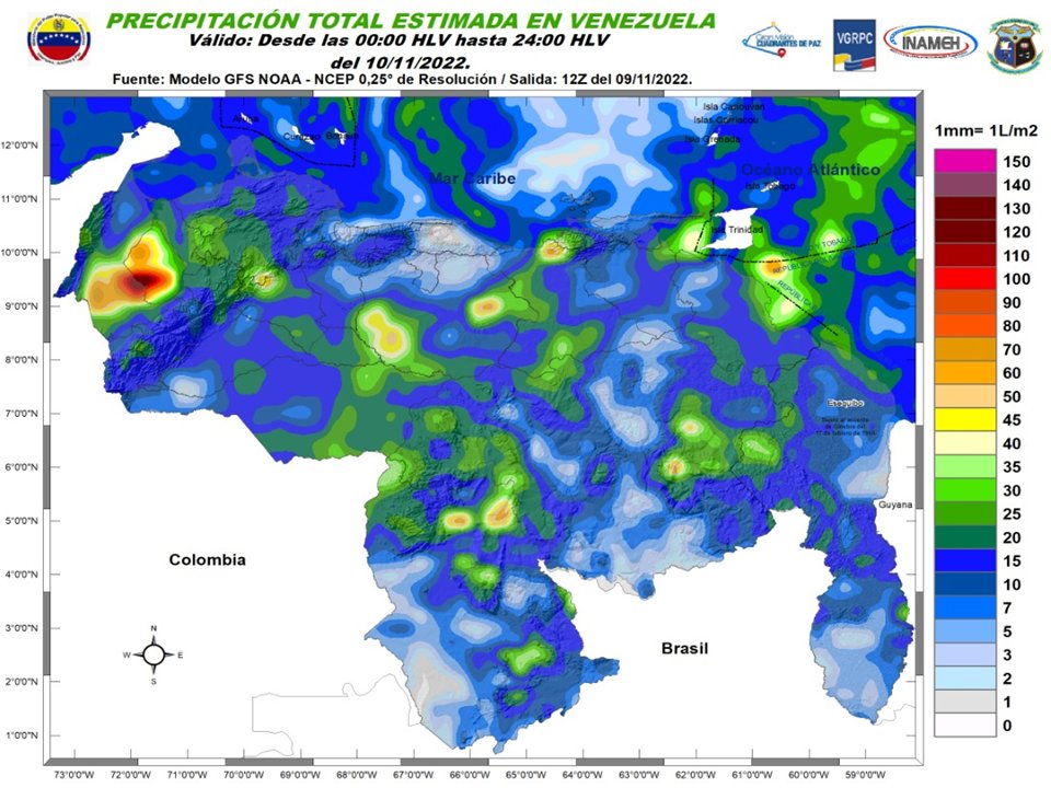 Se esperan lluvias con fuertes vientos en varios estados de Venezuela este #10Nov